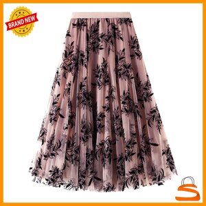 Midi Tulle Skirt Elastic Waist A-Line Foliage Embroidery Mesh